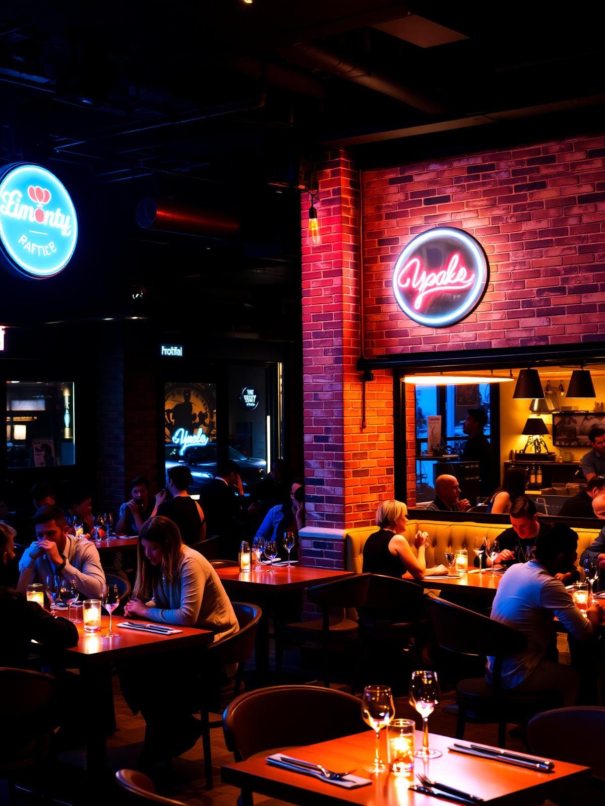 Modern bustling restaurant interior filled with diners under warm neon light