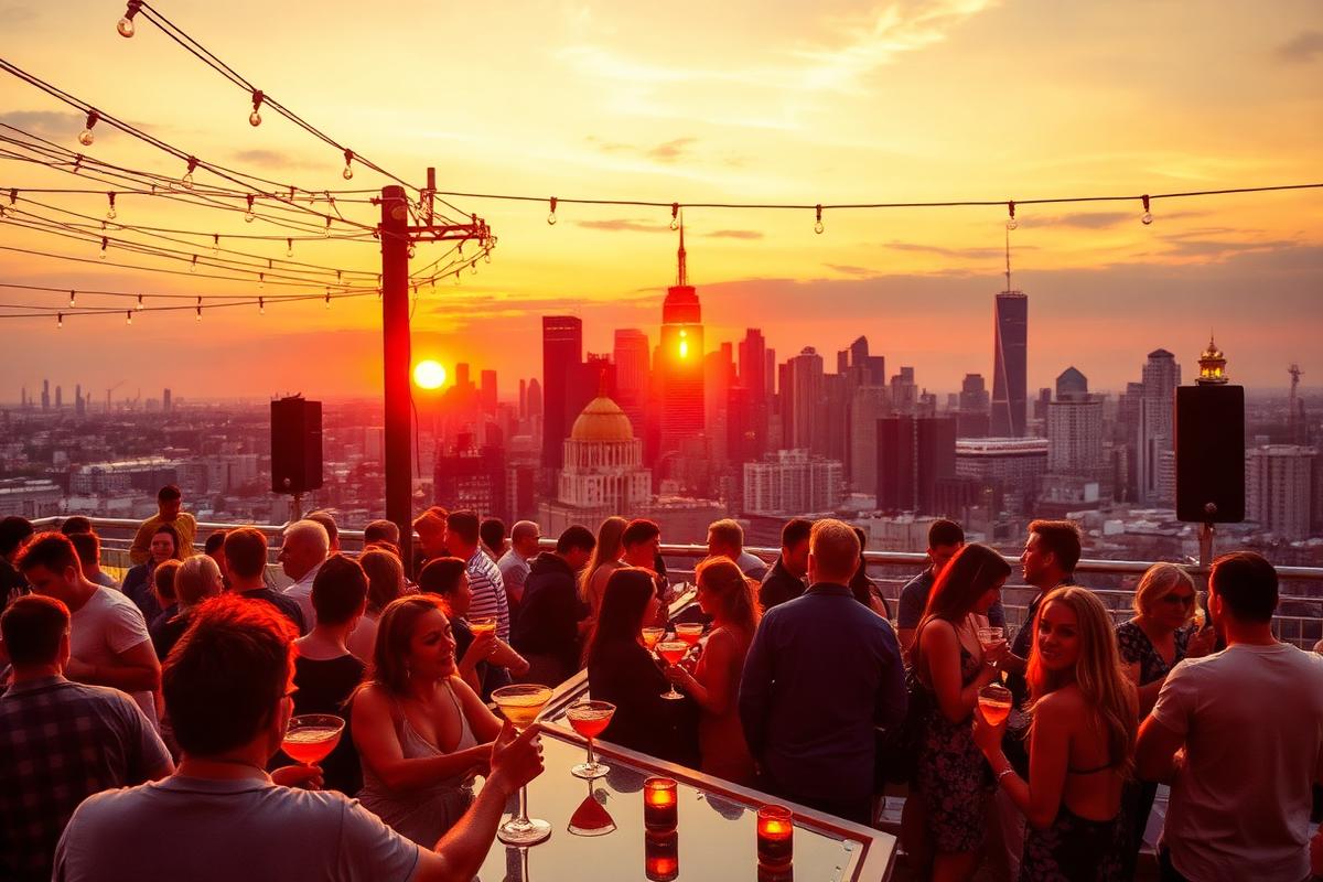 Crowded rooftop bar at sunset with city skyline and string lights